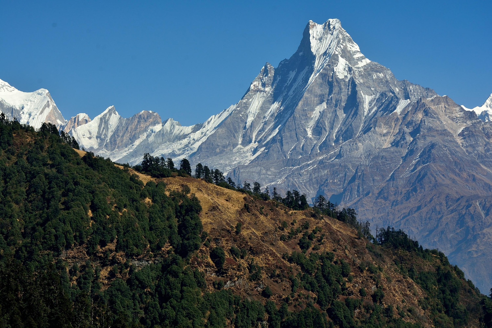 Snow peaks and alpine valley